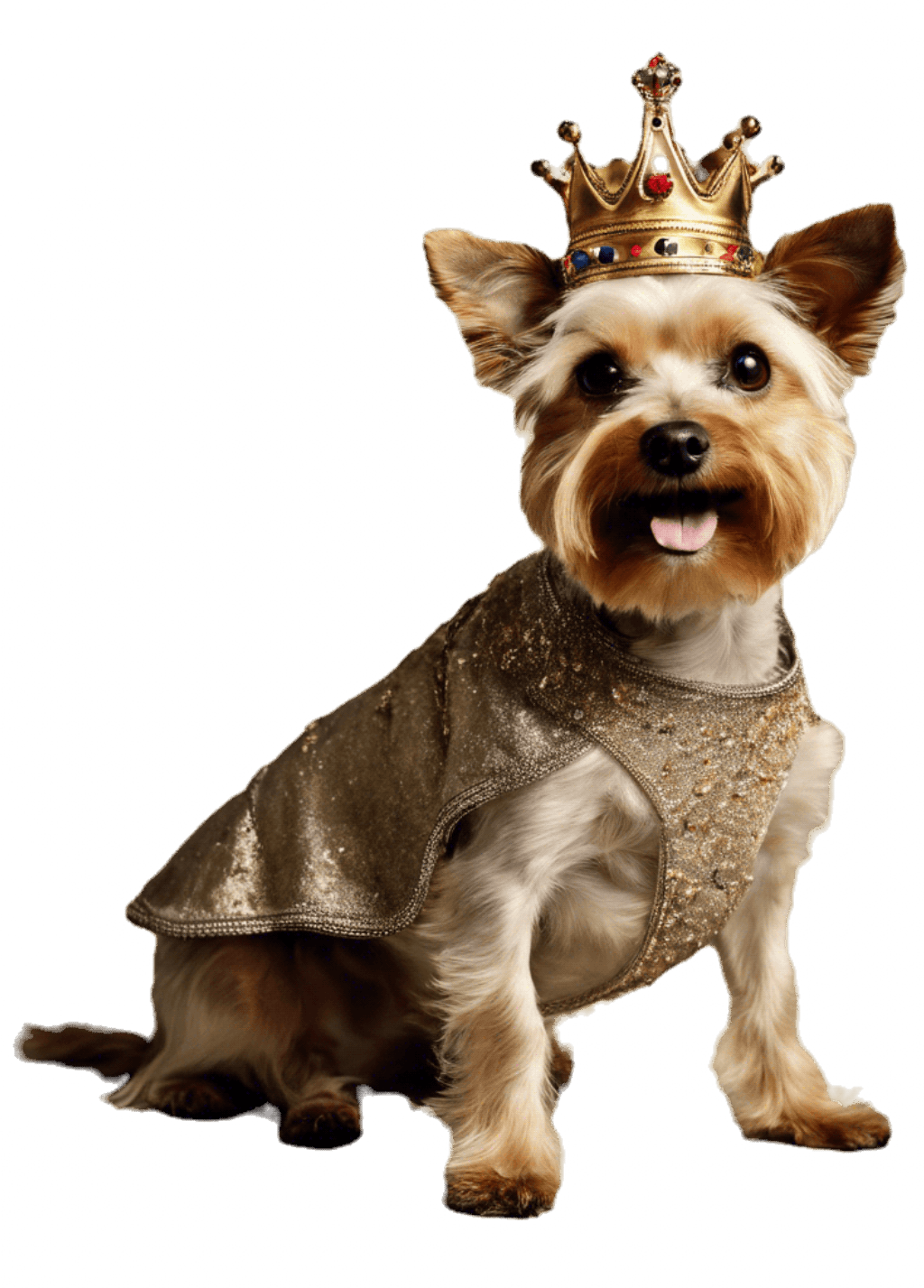 A terrier dog is seen wearing a crown and a golden royal vest.